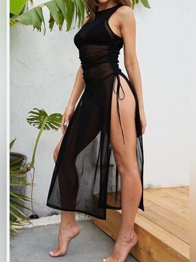 Sheer Black Side-Slit Beach Cover-Up Dress